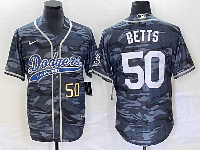 Mens Los Angeles Dodgers #50 Mookie Betts Number Gray Camo Cool Base With Patch Stitched Baseball Jersey